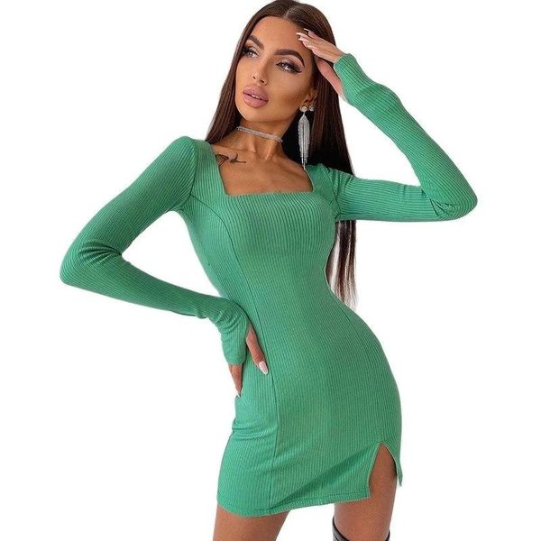 

casual dresses elegant mini dress women clothes spring autumn square collar long sleeve fashion hem split bodycon vestido fiesta, Black;gray
