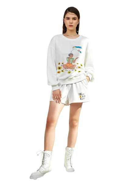 

x diytown figure & floral print pullover and track shorts set f98s#, White