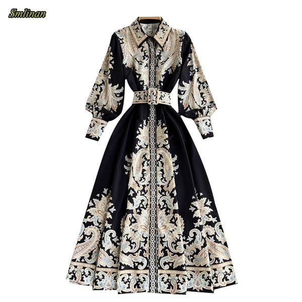 

spring print floral vintage long dress women's polo neck sleeve single breasted shirt elegant evening party es 220504, Black;gray