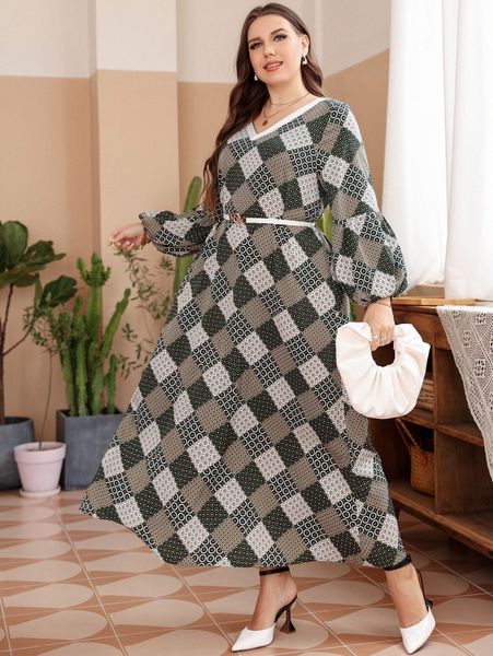 

plus random geo and polka dot print lantern sleeve dress without belt i45k#, Black