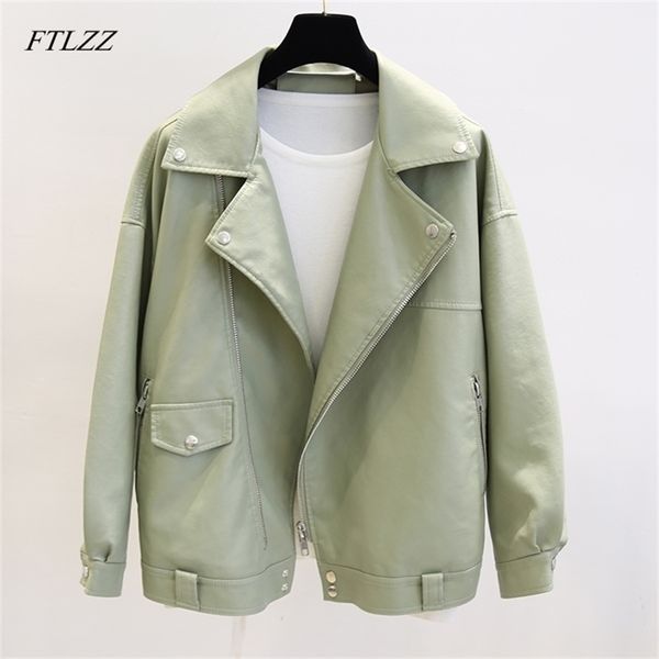 

ftlzz spring faux leather pu women loose bf coat female turndown collar moto biker rivet zipper vintage street jacket y201012, Black;brown
