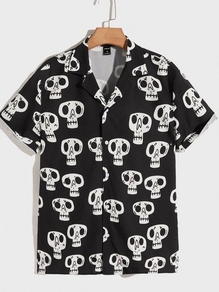 

men cartoon print notched shirt a7y5#, White;black
