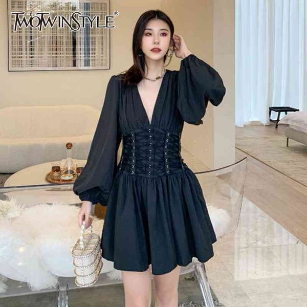 

elegant white bandage dress for women v neck long sleeve high waist tunic mini dresses female fashion stylish 210423, Black;gray