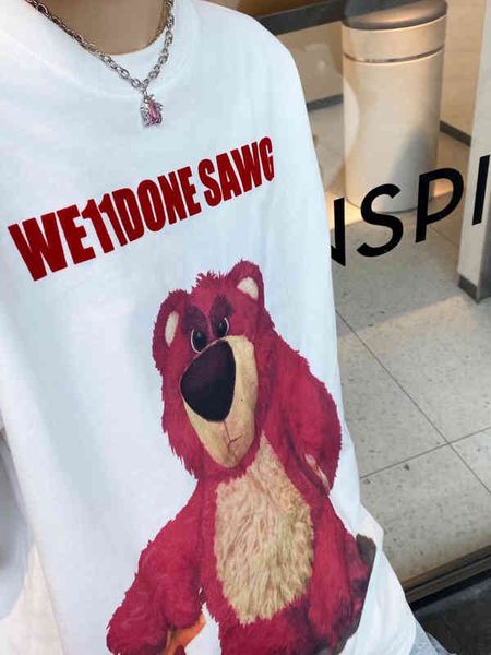 

women's t-shirt 2022 spring and summer strawberry bear velvet letter printed short sleeve t-shirt super loose type comfortable versatil, White