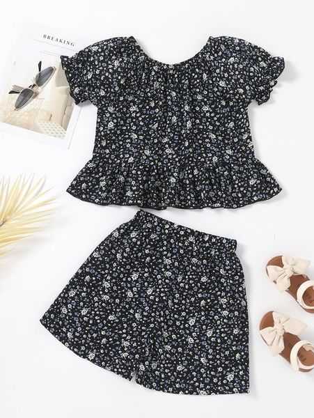 Meninas Ditsy Floral Puff Sleeve Ruffle Hem Top Shorts ela