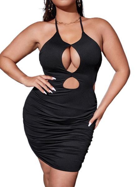 

plus cut out halter neck backless ruched bodycon dress x5gu#, Black