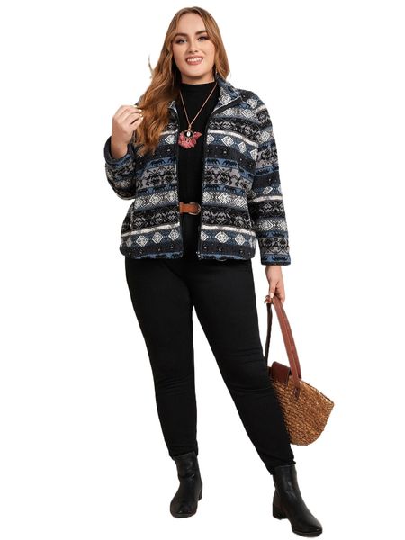 

plus geo pattern zip-up flannel jacket 25f4#, Black