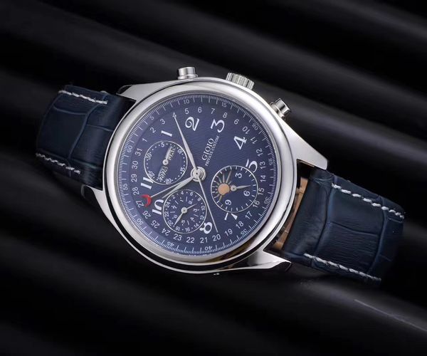 

men watch automatic mechanical brown leather moon phase, Slivery;brown