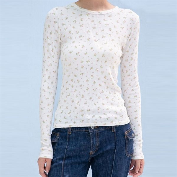 Floral Impressão Slim T-shirt Mulheres Verão Casual Soft Round Neck Manga Longa Camiseta Feminino Vintage Chic Boho Waffle Tops 220328