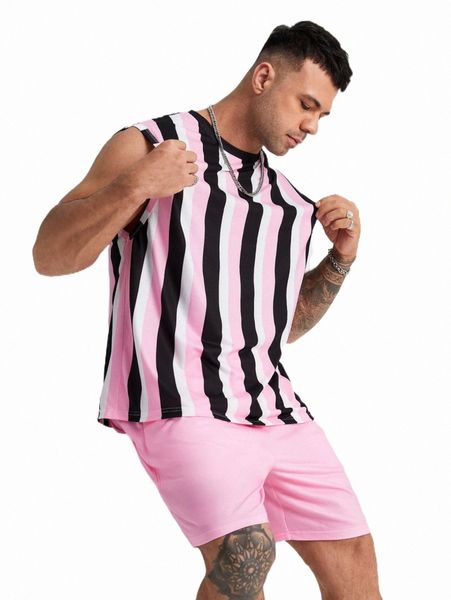 

extended sizes men colorful striped tank & shorts p9u0#, Gray