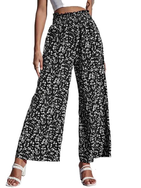 

ditsy floral paperbag waist wide leg pants 538a#, Black;white