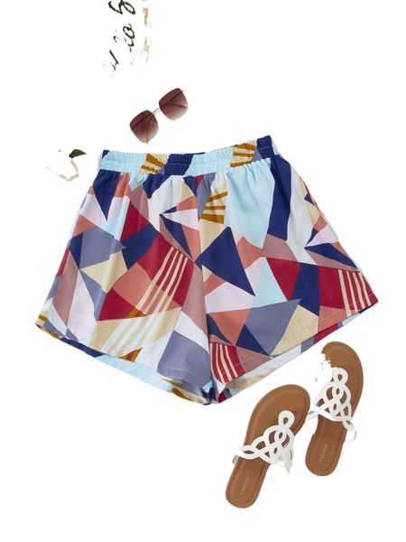 

plus geo print elastic waist shorts z4ct#, Black