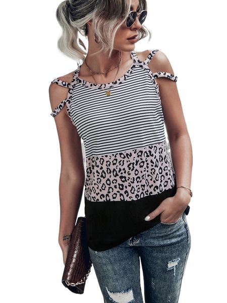 

striped and leopard print cold shoulder n0md#, White