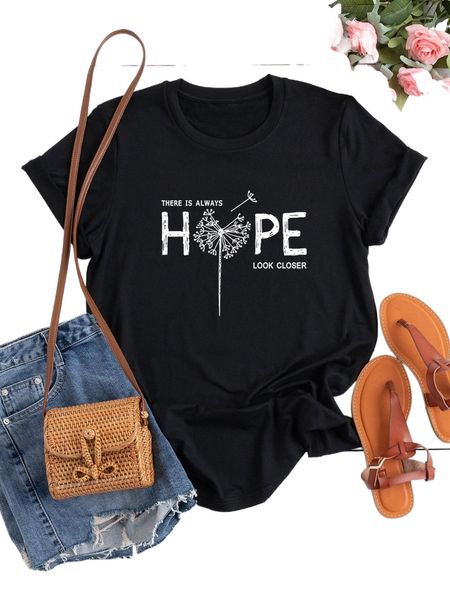 

plus slogan and dandelion print tee n69v#, Black