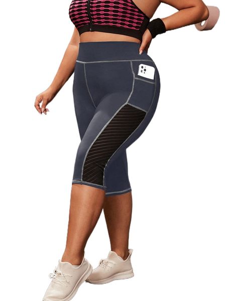 

plus mesh insert wideband waist sports leggings with phone pocket h72x#, Black