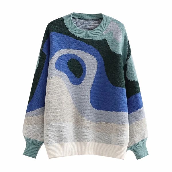

2022 preppy style knit women pullover sweater spring autumn new design blue white printed soft loose lady long sleeve sweaters, White;black