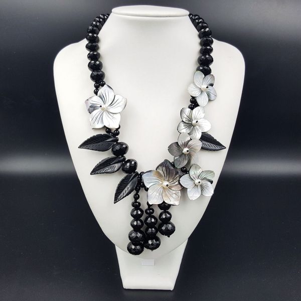 

new natural stone black quartz stone freshwater pearl shell flowers necklace 20inch, Silver