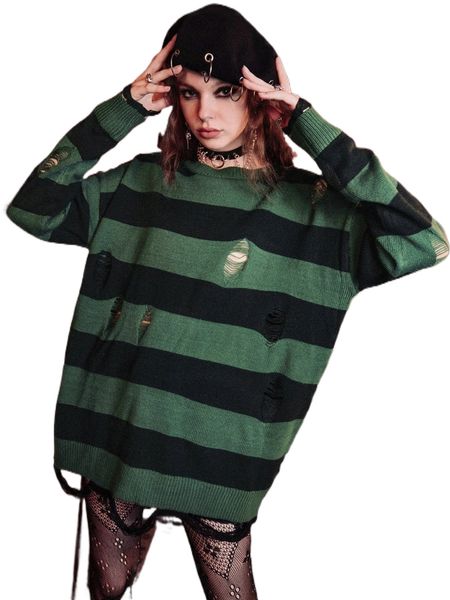 

romwe dark academia striped distressed sweater j2vj#, White;black