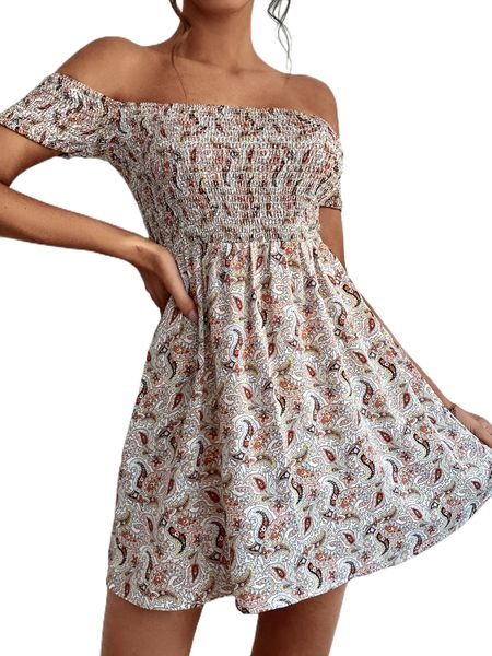 

paisley print off shoulder shirred bust dress y2zk#, Black;gray