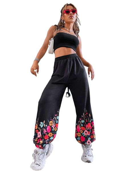 

floral high waist sweatpants m2fb#, Black;white