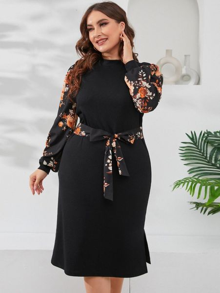 

plus floral print mock neck split hem belted dress d9uk#, Black