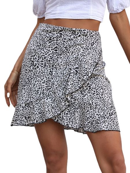 

leopard print ruffle hem wrap skirt y2u4#, Black