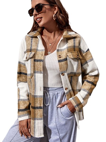 

plaid flap pocket button front coat i7q6#, Black