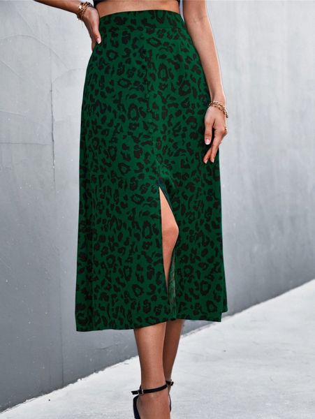 

leopard print slit hem skirt v3ka#, Black