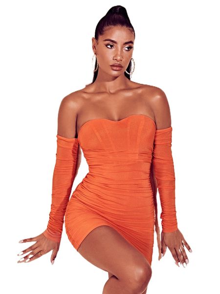 

bae off shoulder ruched bodycon dress x34m#, Black;gray