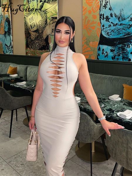 

solid sleeveless turtleneck hollow out distressed maxi evening dress 2022 bodycon party elegant streetwear vestidos, Black;gray