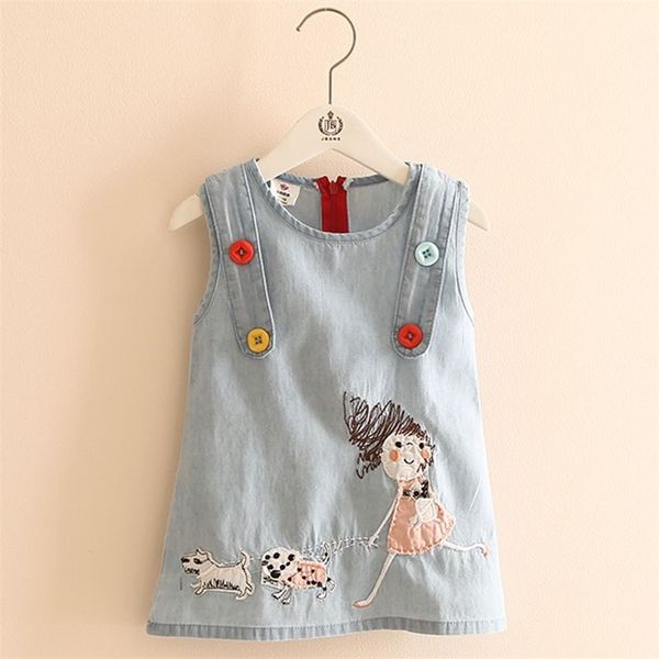 Yaz Moda Küçük Kız Nakış Karikatür Köpek Tankı Yelek Elbiseler Düğmeleri Ile O-Boyun Bebek Kız Çocuk Denim Elbise 220422