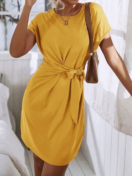 

knot side solid batwing sleeve dress a46y#, Black;gray