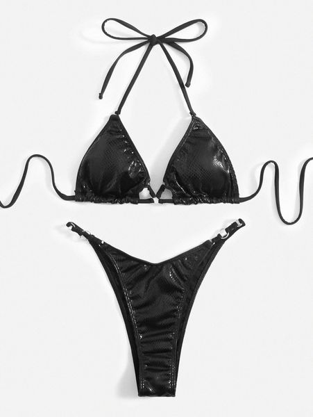 

metallic halter bikini swimsuit 64sr#, White;black