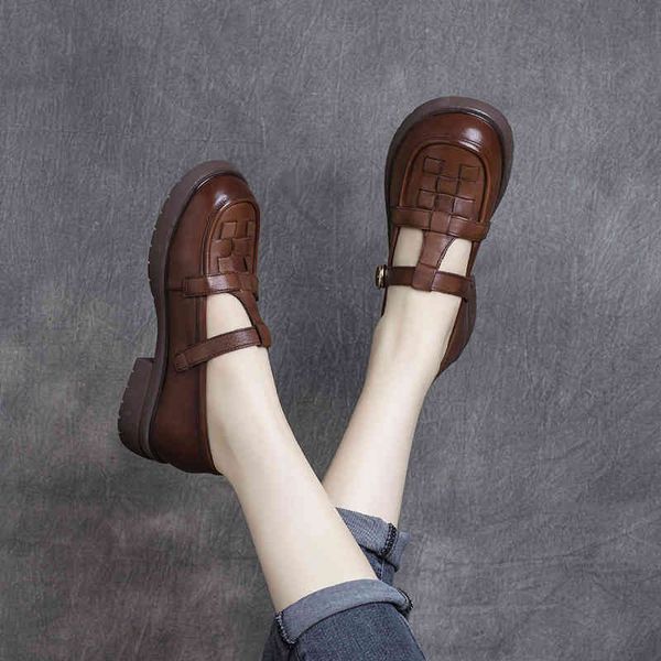 

sandals spring cowhide british style round head woven buckle single shoe low heel college women's shoes hollow leather qy16, Black