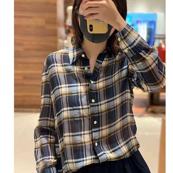 

women's polos domest light spring and summer kyoto printed brown blue plaid long sleeve striped silk shirt, White