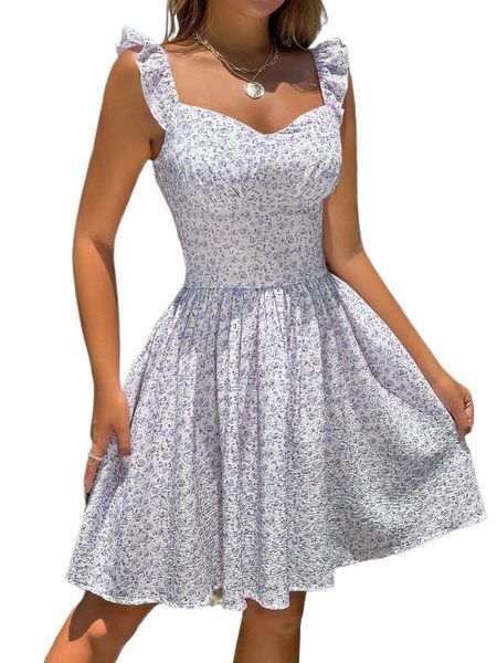 

ditsy floral ruffle trim dress c5fj#, Black;gray