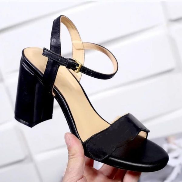 

women leather sandal mid-heel 7.5cm summer designer gold-toned hardware chunky heel sandals size 35-42, Black