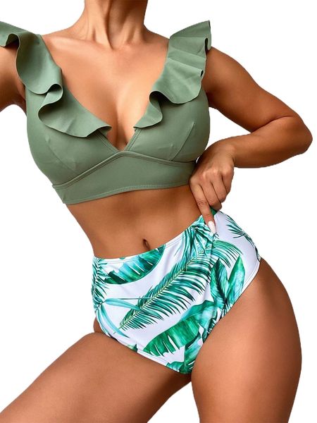 

leaf print ruffle trim bikini swimsuit i5kj#, White;black