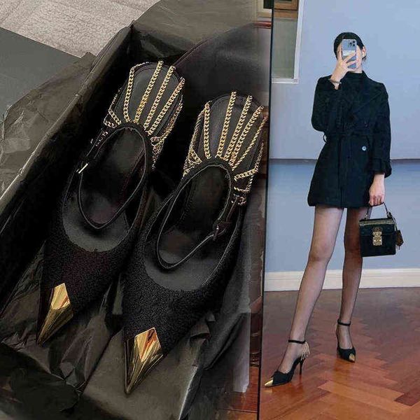 

designer women's high heel sandals park caiying's same 2022 spring metal pointed chain high heel's shallow mouth thin heel sa, Black