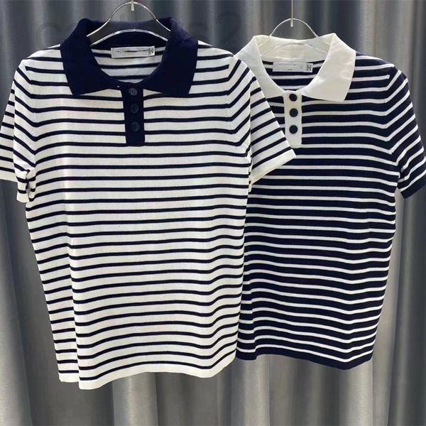 

women's knits & tees designer straight 2022 early autumn new leisure temperament knitted polo collar striped jacquard short sleeve wome, White