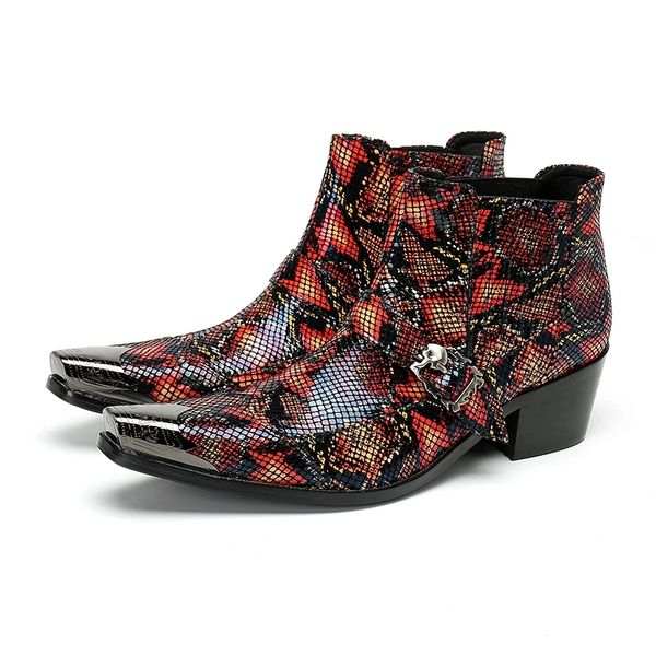 Christia Bella Punk Style Snakeskin Grain Couro Homens Ankle Boots Plus Size Buckle Strap Cowboy Boots High Heel Party