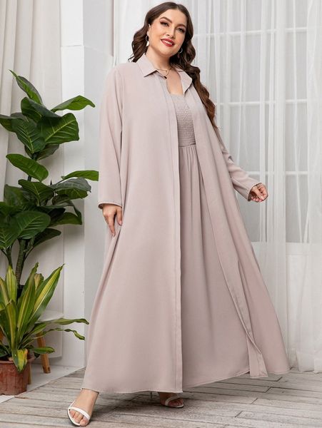 

plus solid open front coat & shirred maxi dress i1zo#, Black