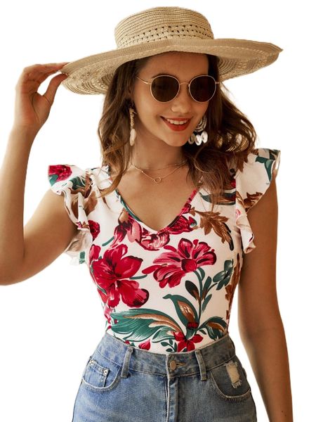 

floral print ruffle trim tee a0bb#, White