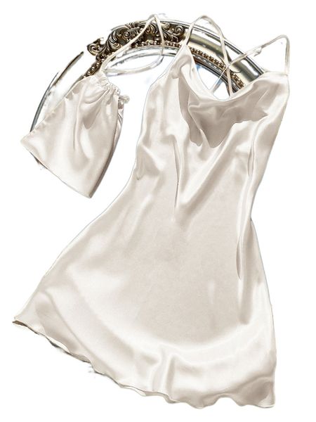

plus draped front criss cross back satin cami nightdress & bag 392q#, Black;white