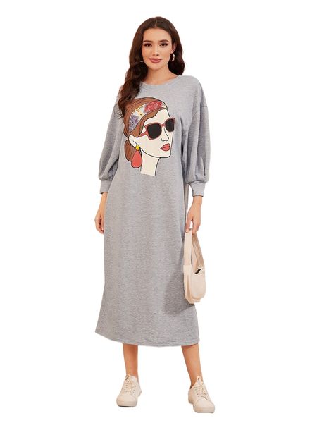 

d.rop s.houlder f.igure graphic d.ress 44lg#, Black;gray