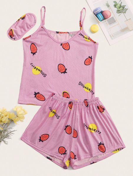 

plus strawberry print pj set & eye cover r53y#, Black;white