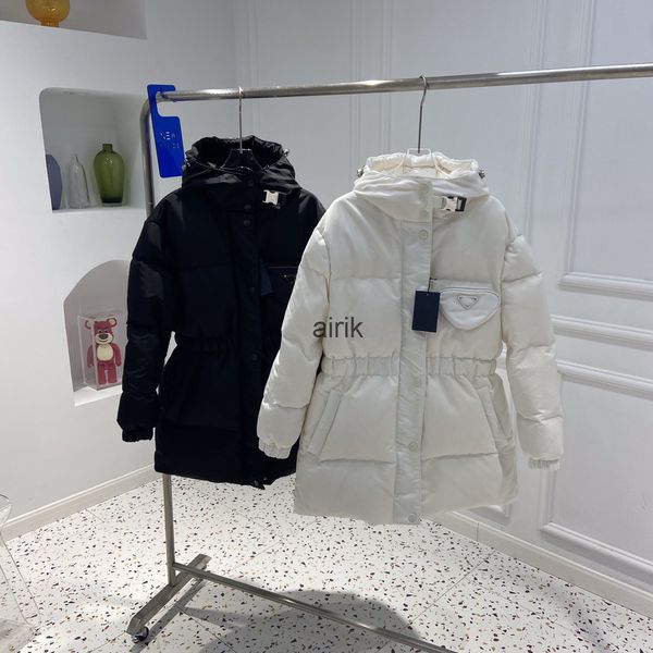 

21ss men women designers long jackets down parkas hooded triangle label pattern letter elastic belt rope hem clothes stand mens parka coats, Black