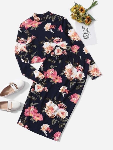 

teen girls floral print tee & skirt she, White