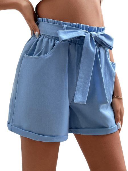 

paperbag waist rolled hem belted shorts x16w#, White;black