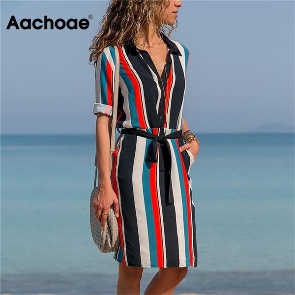 

aachoae dress summer striped a line print boho beach dresses women long sleeve office shirt dress mini party dress vestidos 210322, Black;gray